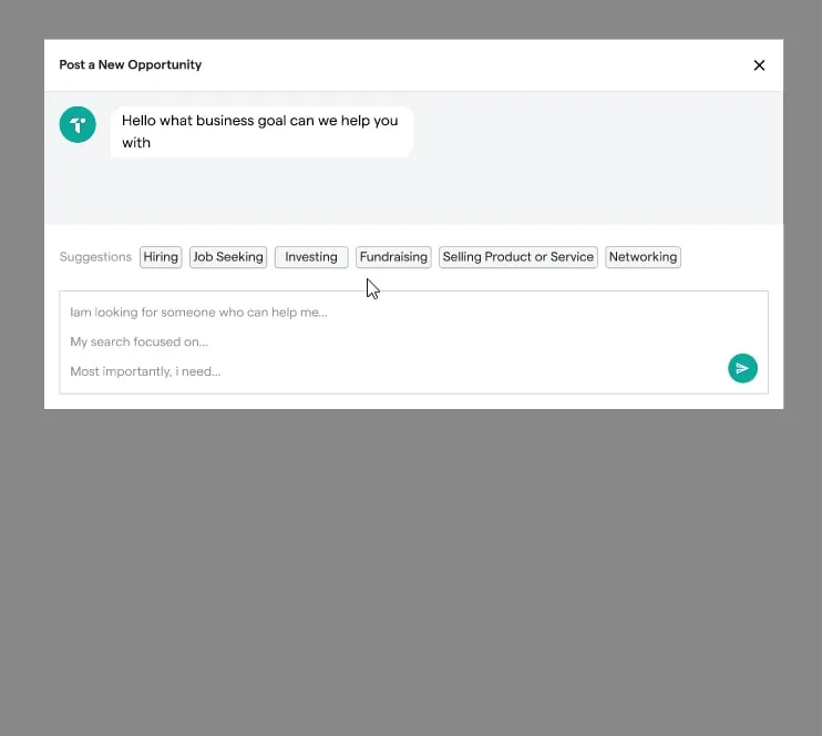 Post a New Opportunity dialog with a chatbot greeting, suggestion chips such as Hiring and Fundraising, and a text box with sentence starters.