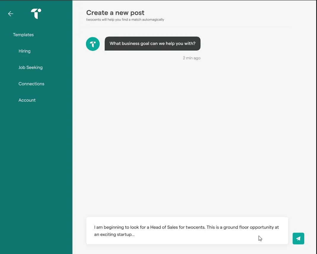 Create a new post screen with a teal sidebar of templates and a chatbot asking what business goal it can help with, above a message box where a hiring post is being typed.