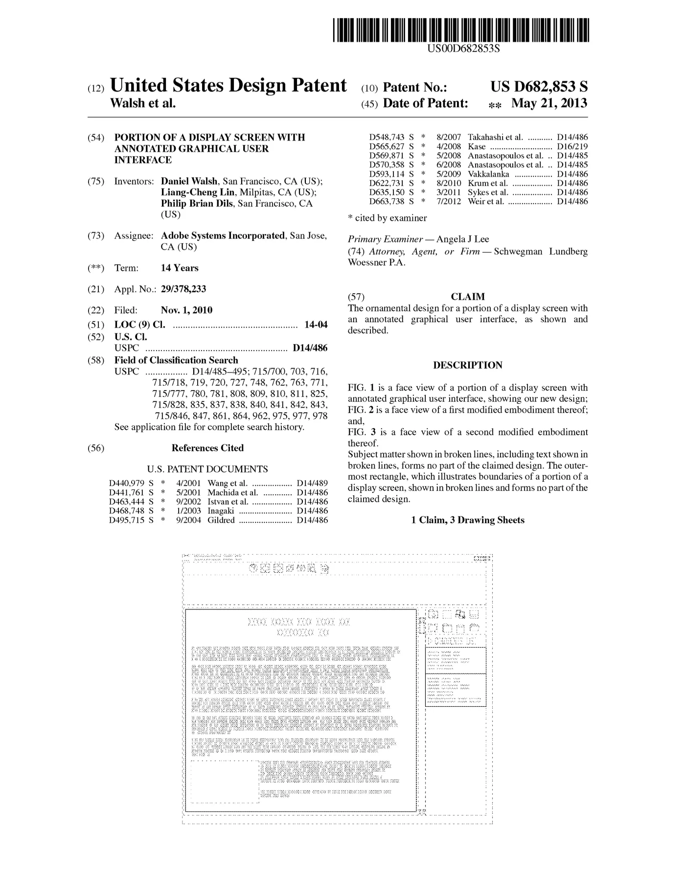 Front page of US design patent D682,853 S, with the title, inventor list and a figure of the annotated interface.